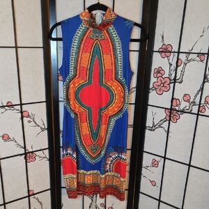 Vibrant Blue and Red Sleeveless Dashiki Dress
